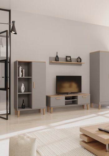 KOCOT Denver TV-bord, m. 2 lger og 1 hylde - chinchilla gr og natur hickory spnplader (120x47,2)