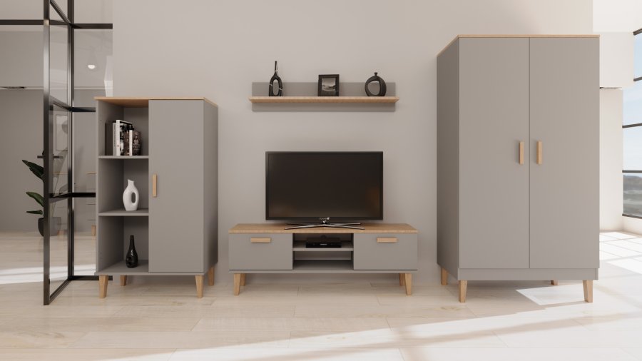 KOCOT Denver TV-bord, m. 2 lger og 1 hylde - chinchilla gr og natur hickory spnplader (120x47,2)