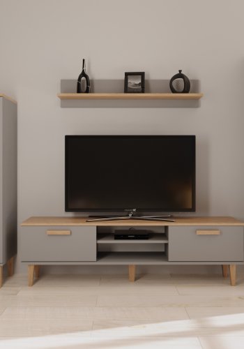 KOCOT Denver TV-bord, m. 2 lger og 1 hylde -  chinchilla gr og natur hickory spnplader (160x47,2)
