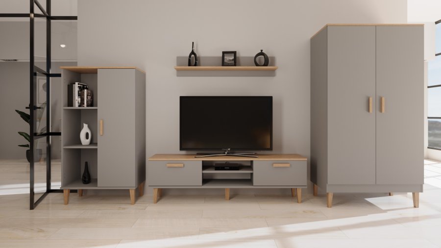 KOCOT Denver TV-bord, m. 2 lger og 1 hylde -  chinchilla gr og natur hickory spnplader (160x47,2)