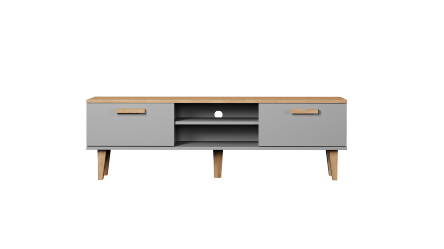 KOCOT Denver TV-bord, m. 2 lger og 1 hylde -  chinchilla gr og natur hickory spnplader (160x47,2)