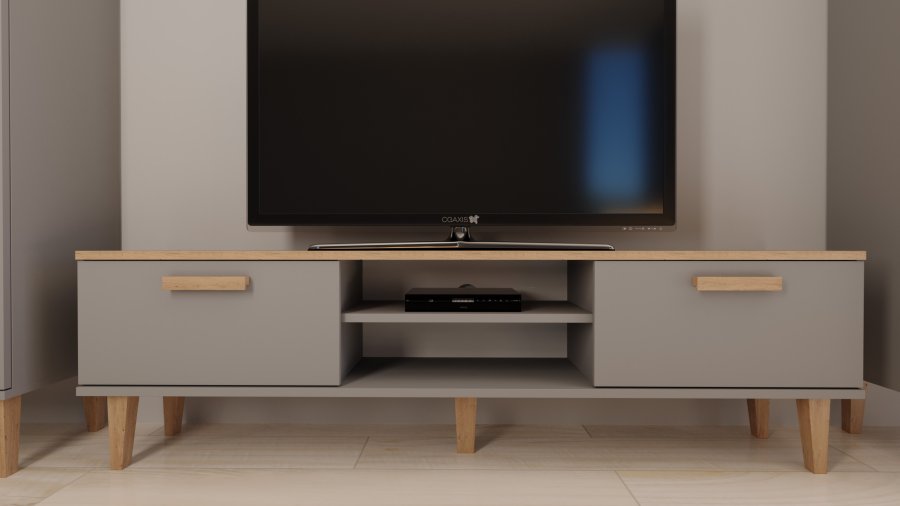KOCOT Denver TV-bord, m. 2 lger og 1 hylde -  chinchilla gr og natur hickory spnplader (160x47,2)
