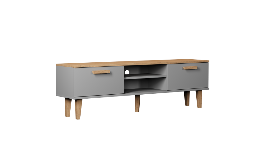 KOCOT Denver TV-bord, m. 2 lger og 1 hylde -  chinchilla gr og natur hickory spnplader (160x47,2)