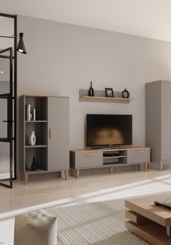 KOCOT Denver bogreol, m. 1 lge og 4 hylder - chinchilla gr og natur hickory spnplader