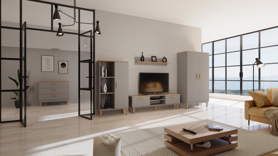 KOCOT Denver bogreol, m. 1 lge og 4 hylder - chinchilla gr og natur hickory spnplader