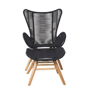 VENTURE DESIGN Tingeling loungestol, m. fodskammel - sort polyester reb og natur akacietr