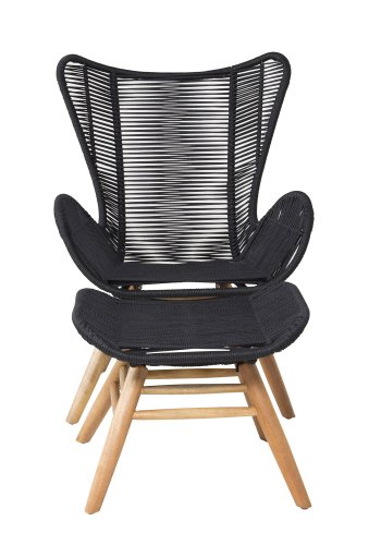 VENTURE DESIGN Tingeling loungestol, m. fodskammel - sort polyester reb og natur akacietr