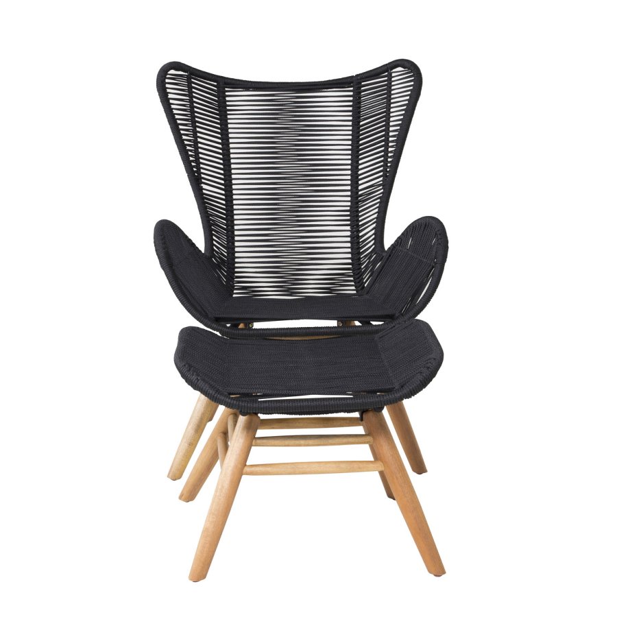 VENTURE DESIGN Tingeling loungestol, m. fodskammel - sort polyester reb og natur akacietr