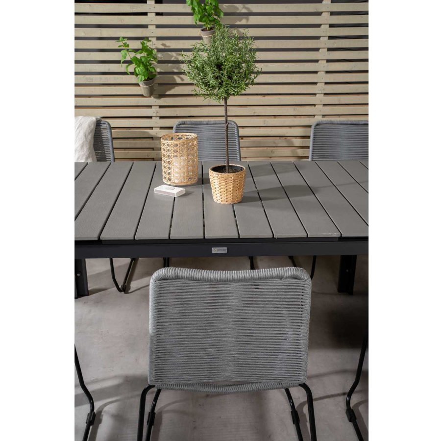 VENTURE DESIGN havest, m. Levels bord, m. udtrk og 6 Lindos stole - aintwood/alu/reb/stl