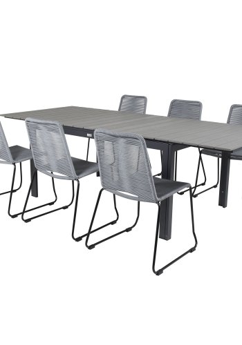 VENTURE DESIGN havest, m. Levels bord, m. udtrk og 6 Lindos stole - aintwood/alu/reb/stl