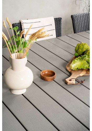 VENTURE DESIGN havest, m. Levels bord, m. udtrk og 6 Knick stole, m. armln - aintwood/alu/flet