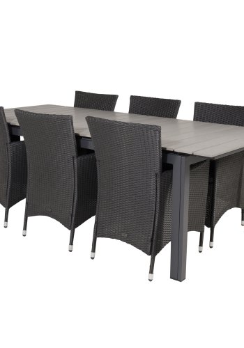 VENTURE DESIGN havest, m. Levels bord, m. udtrk og 6 Knick stole, m. armln - aintwood/alu/flet