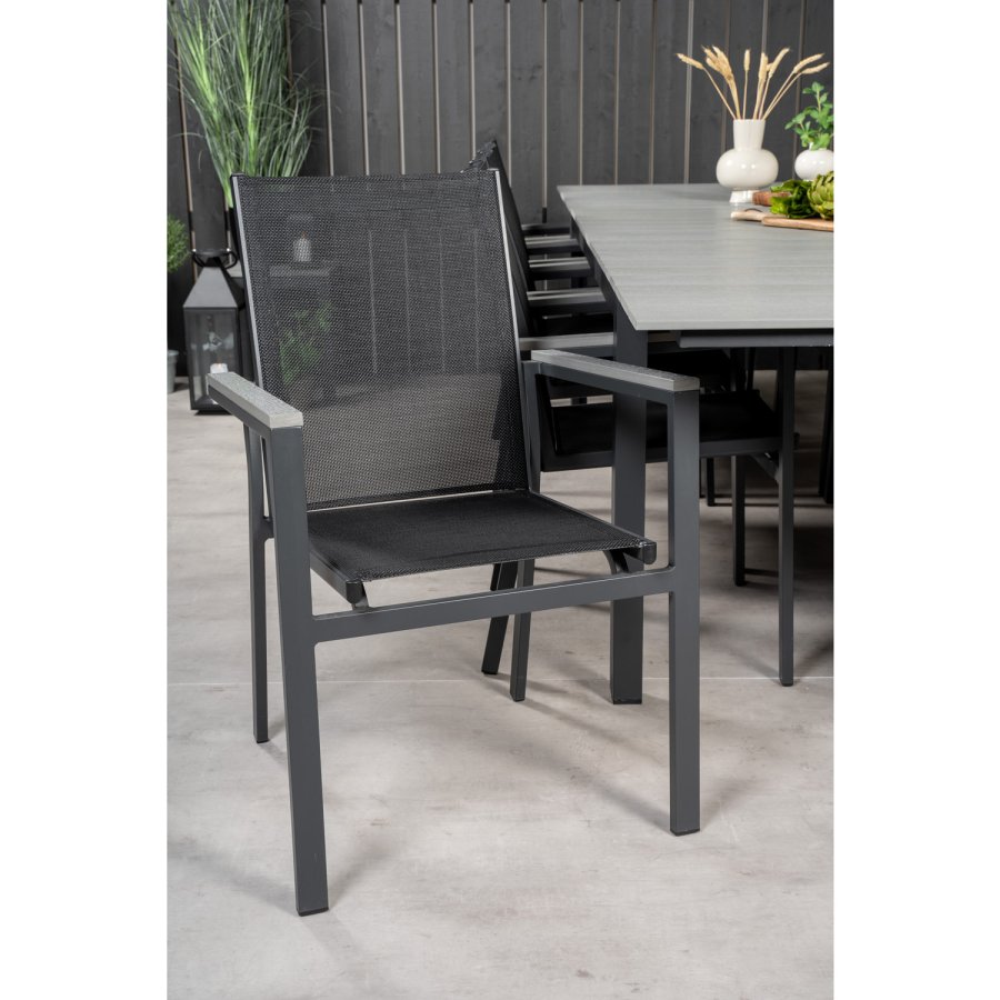 VENTURE DESIGN havest m Levels bord m udtrk og 10 Parma stole m armln - gr aintwood/sort textile