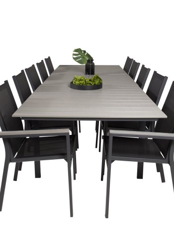 VENTURE DESIGN havest m Levels bord m udtrk og 10 Parma stole m armln - gr aintwood/sort textile