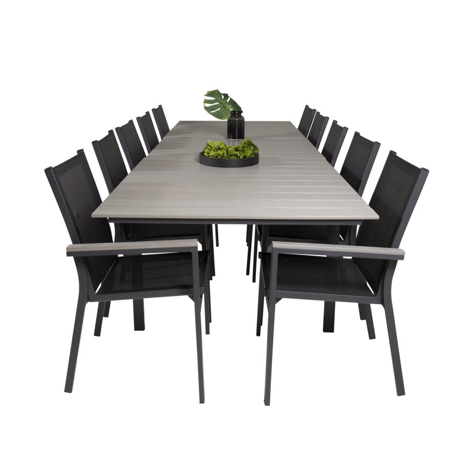 VENTURE DESIGN havest m Levels bord m udtrk og 10 Parma stole m armln - gr aintwood/sort textile