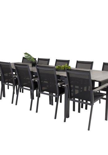 VENTURE DESIGN havest m Levels bord m udtrk og 10 Parma stole m armln - gr aintwood/sort textile