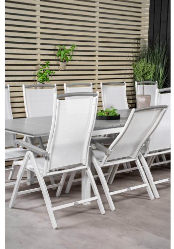 VENTURE DESIGN havest m Levels bord m udtrk og 10 Albany stole m. recliner - gr aintwood/hvid alu