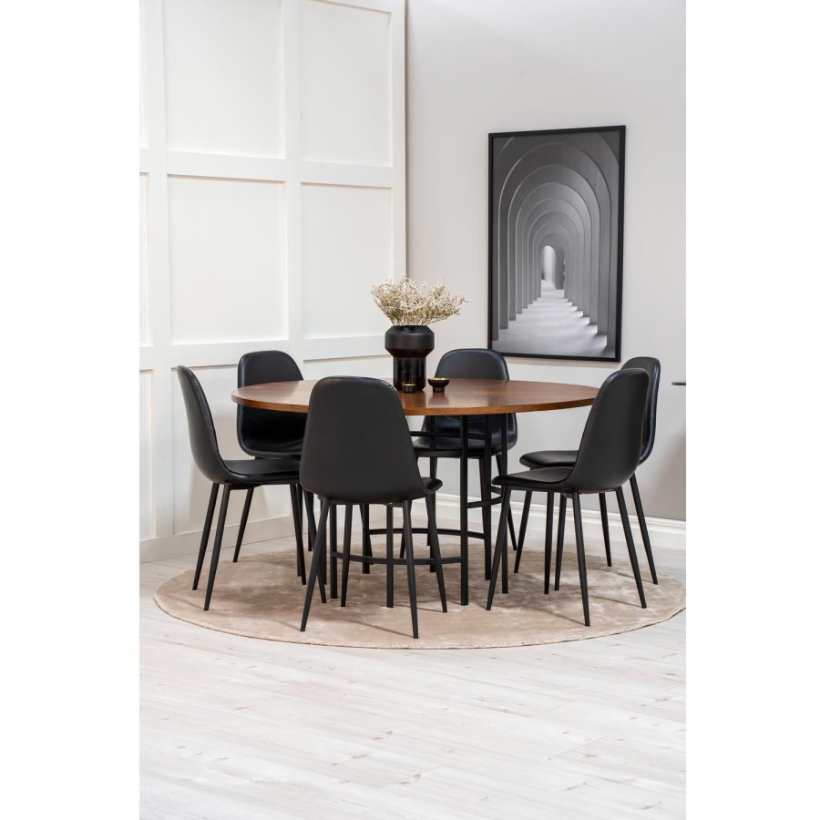 VENTURE DESIGN Copenhagen spisebordsst, m. 6 stole - brun finer/sort metal og sort PU/sort metal