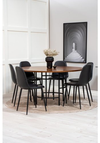VENTURE DESIGN Copenhagen spisebordsst, m. 6 stole - brun finer/sort metal og sort PU/sort metal