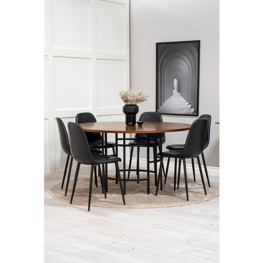 VENTURE DESIGN Copenhagen spisebordsst, m. 6 stole - brun finer/sort metal og sort PU/sort metal