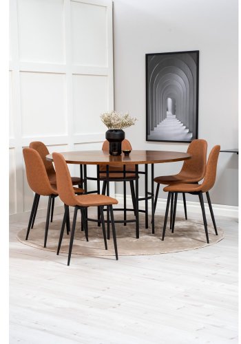 VENTURE DESIGN Copenhagen spisebordsst, m. 6 stole - brun finer/sort metal og brun PU/sort metal