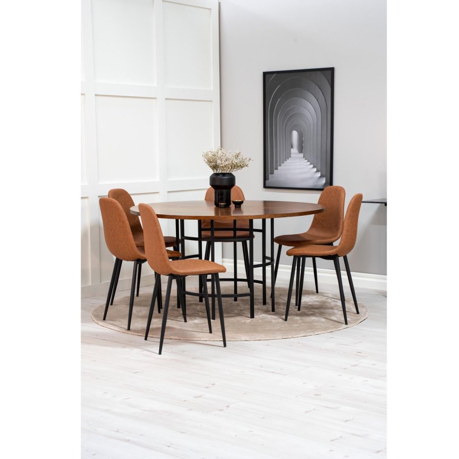 VENTURE DESIGN Copenhagen spisebordsst, m. 6 stole - brun finer/sort metal og brun PU/sort metal