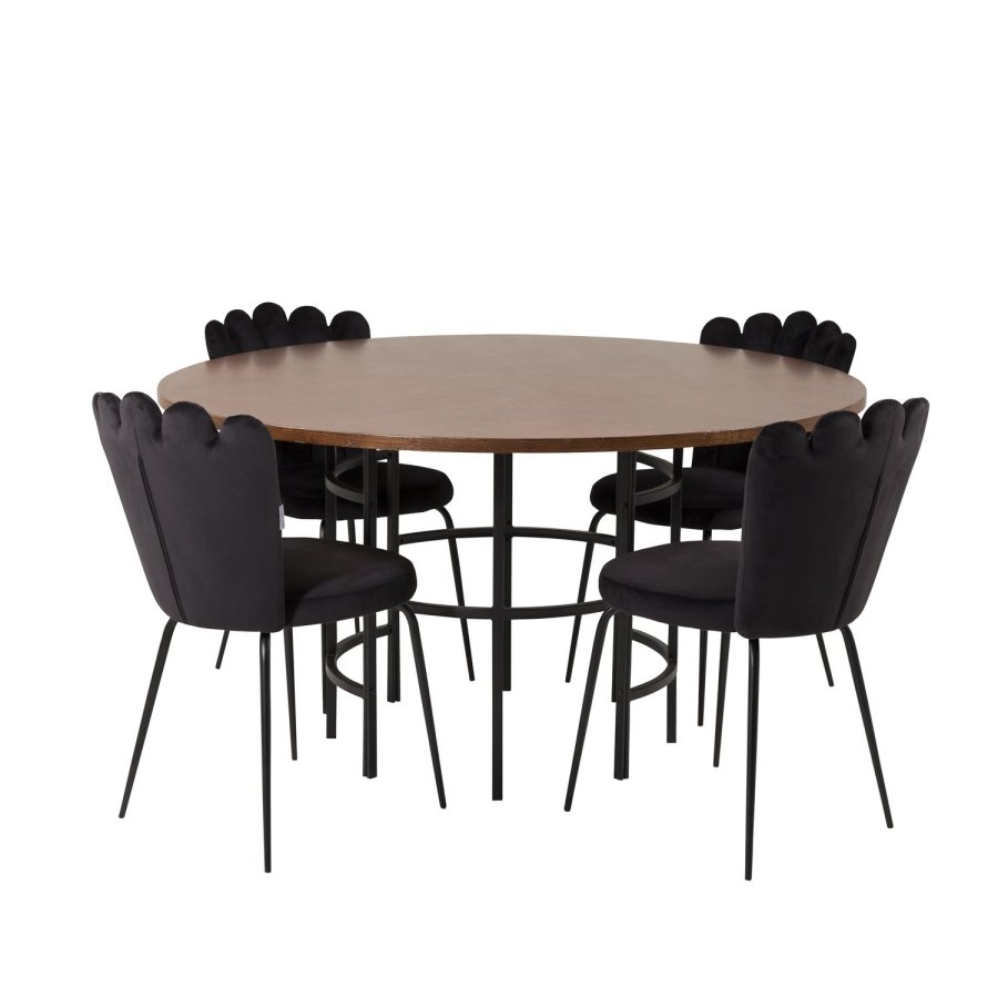 VENTURE DESIGN Copenhagen spisebordsst, m. 4 stole - brun finer/sort metal og sort fljl/sort metal