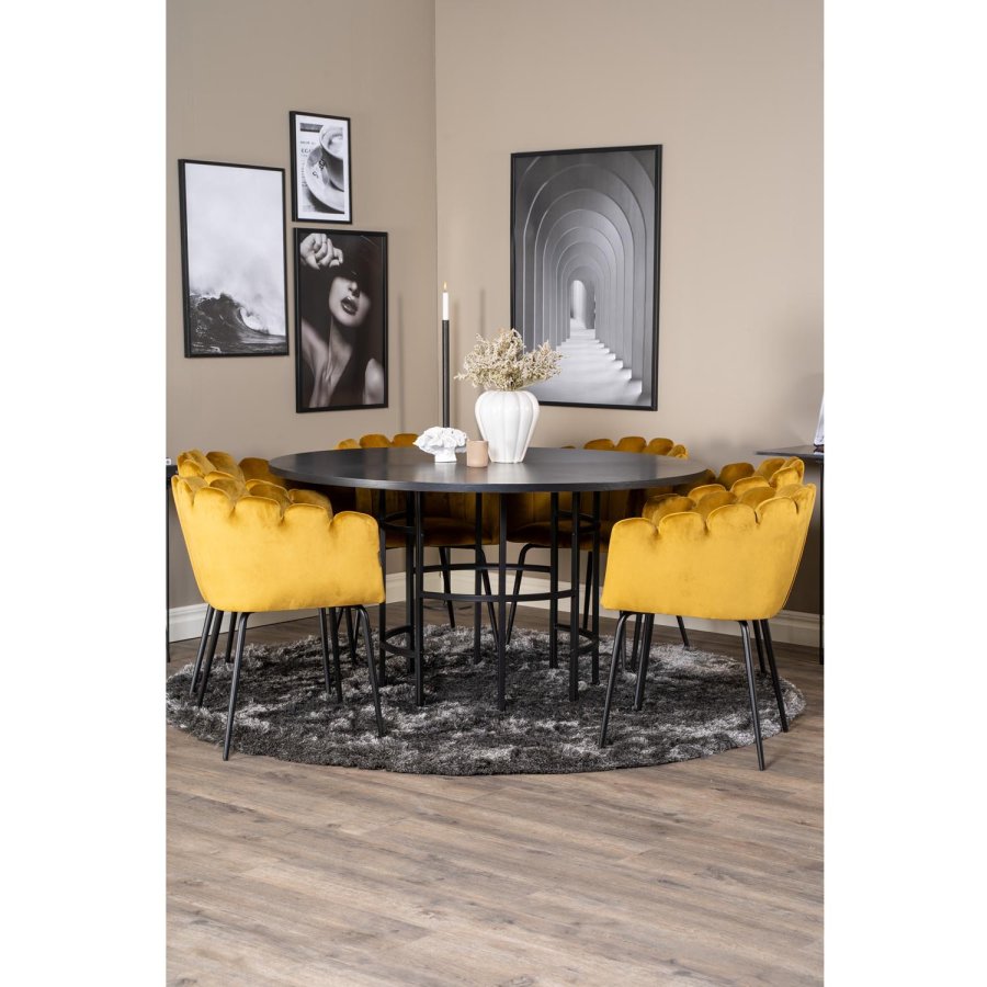 VENTURE DESIGN Copenhagen spisebordsst, m. 4 stole - sort finer/sort metal og gul fljl/sort metal