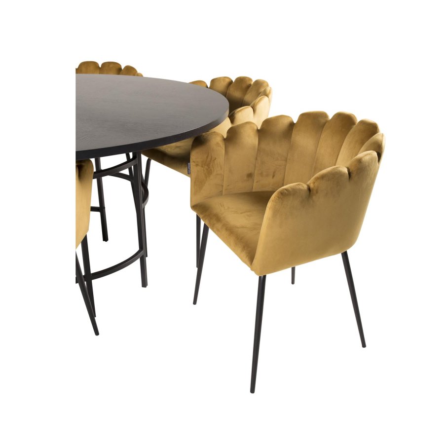 VENTURE DESIGN Copenhagen spisebordsst, m. 4 stole - sort finer/sort metal og gul fljl/sort metal