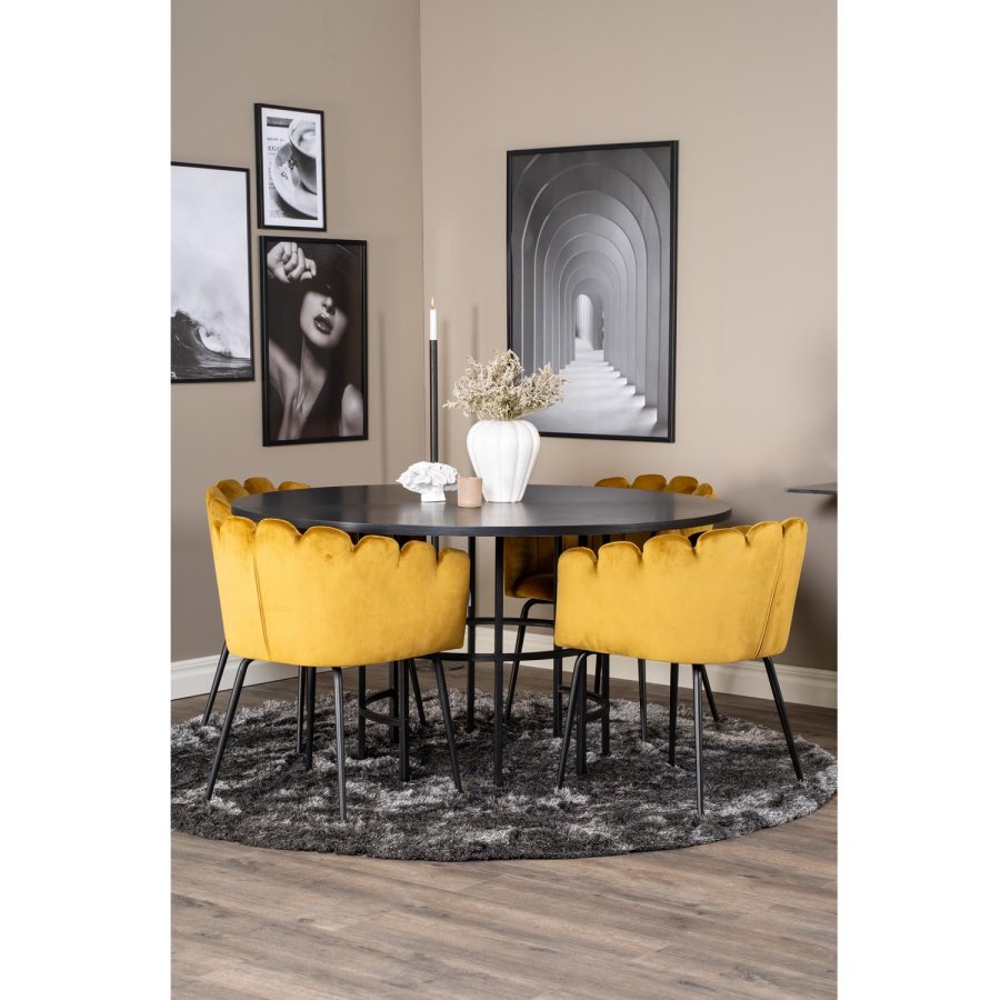 VENTURE DESIGN Copenhagen spisebordsst, m. 4 stole - sort finer/sort metal og gul fljl/sort metal