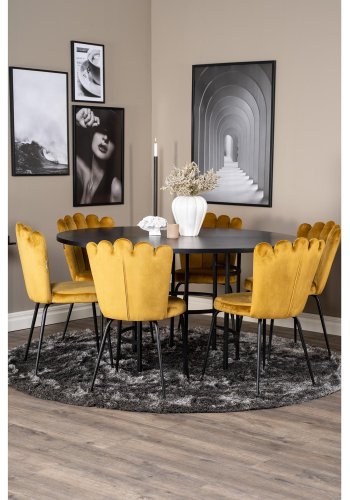 VENTURE DESIGN Copenhagen spisebordsst, m. 4 stole - sort finer/sort metal og gul fljl/sort metal