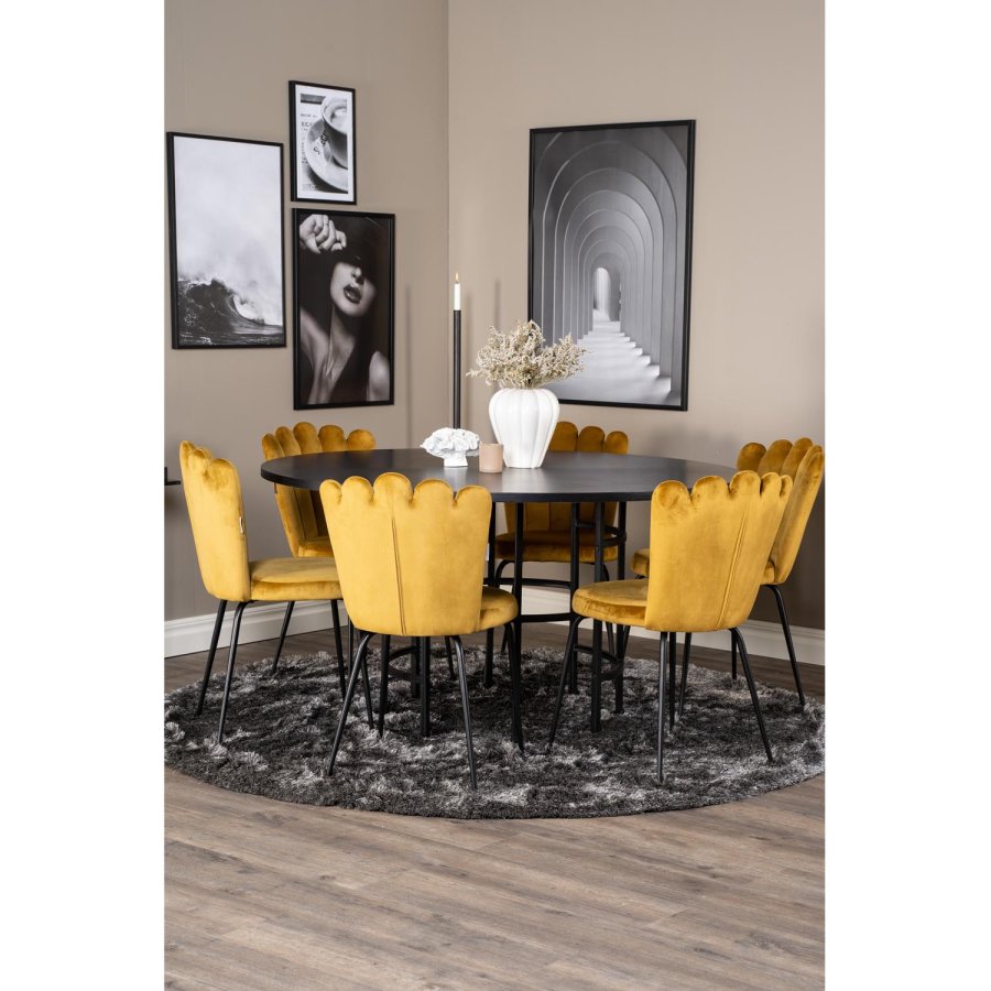 VENTURE DESIGN Copenhagen spisebordsst, m. 4 stole - sort finer/sort metal og gul fljl/sort metal