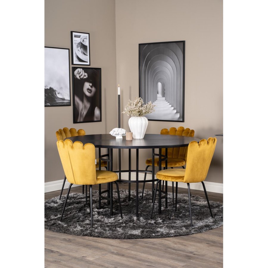 VENTURE DESIGN Copenhagen spisebordsst, m. 4 stole - sort finer/sort metal og gul fljl/sort metal