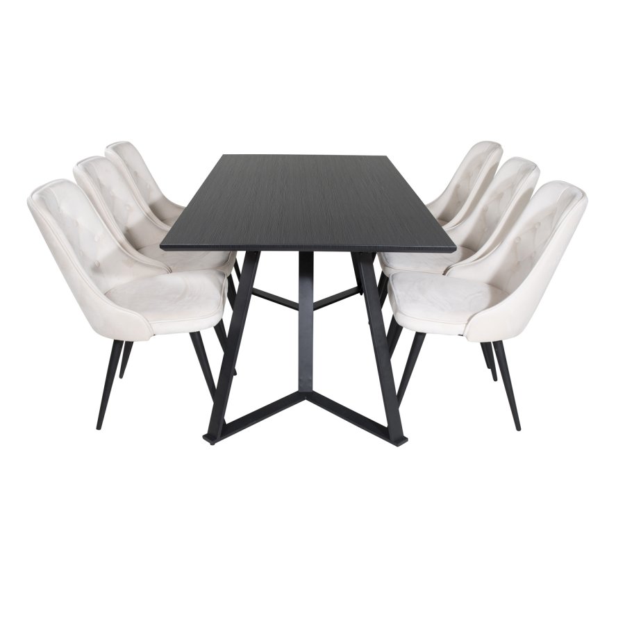 VENTURE DESIGN Marina spisebordsst, m. 6 stole - sort finer/sort metal og beige fljl/sort metal