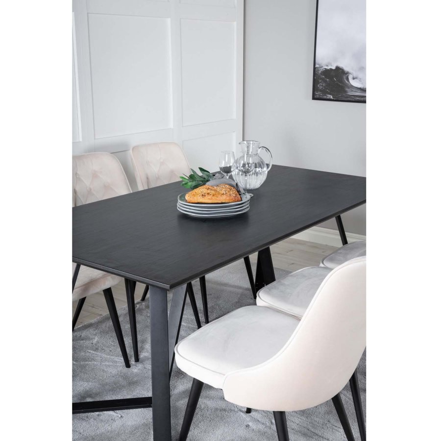 VENTURE DESIGN Marina spisebordsst, m. 6 stole - sort finer/sort metal og beige fljl/sort metal