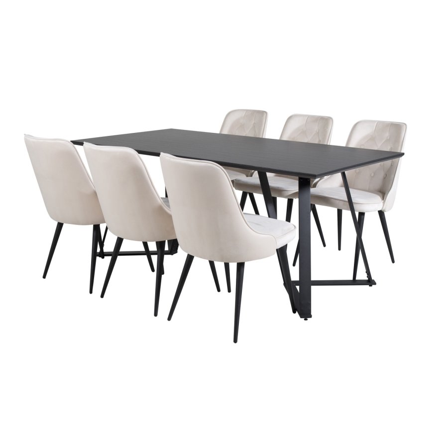 VENTURE DESIGN Marina spisebordsst, m. 6 stole - sort finer/sort metal og beige fljl/sort metal