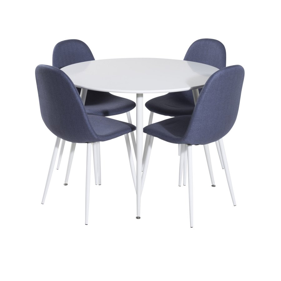 VENTURE DESIGN Plaza spisebordsst, m. 4 stole - hvid MDF/hvid metal og bl stof/hvid metal