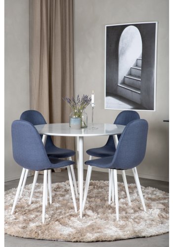 VENTURE DESIGN Plaza spisebordsst, m. 4 stole - hvid MDF/hvid metal og bl stof/hvid metal