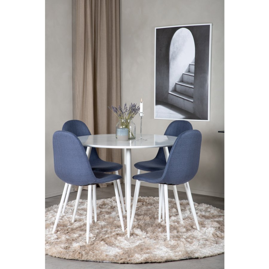 VENTURE DESIGN Plaza spisebordsst, m. 4 stole - hvid MDF/hvid metal og bl stof/hvid metal