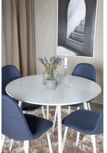 VENTURE DESIGN Plaza spisebordsst, m. 4 stole - hvid MDF/hvid metal og bl stof/hvid metal