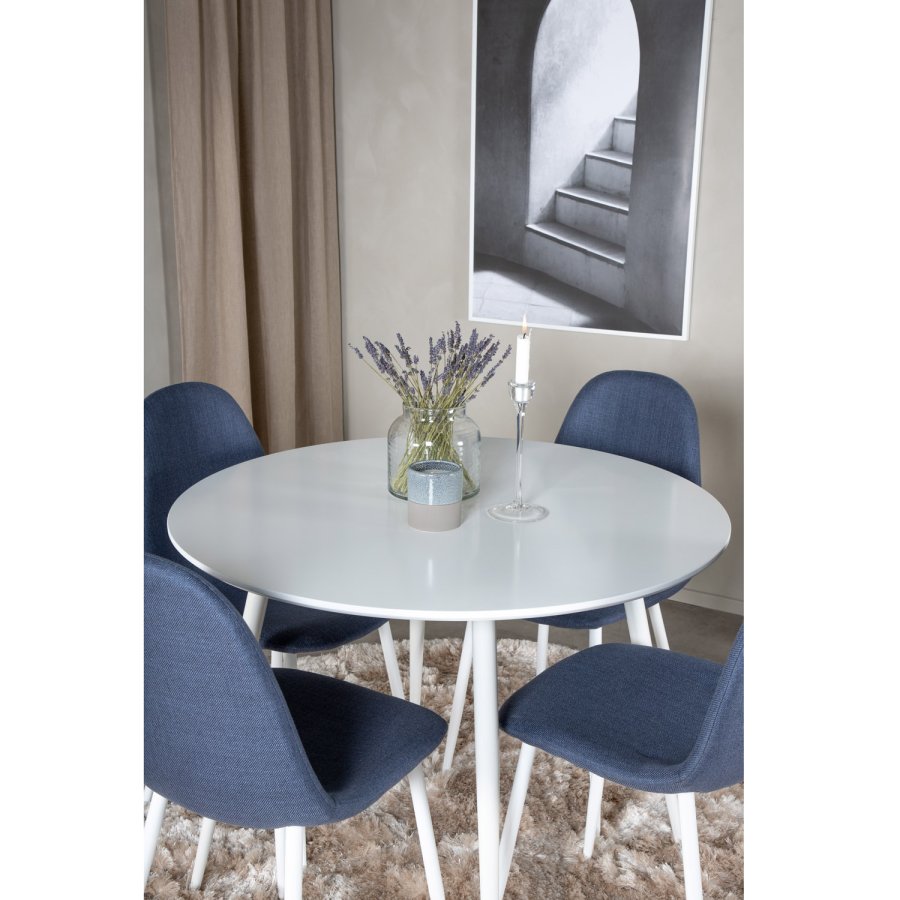 VENTURE DESIGN Plaza spisebordsst, m. 4 stole - hvid MDF/hvid metal og bl stof/hvid metal