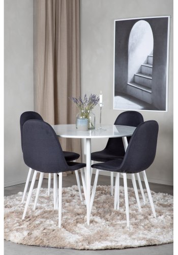 VENTURE DESIGN Plaza spisebordsst, m. 4 stole - hvid MDF/hvid metal og sort stof/hvid metal