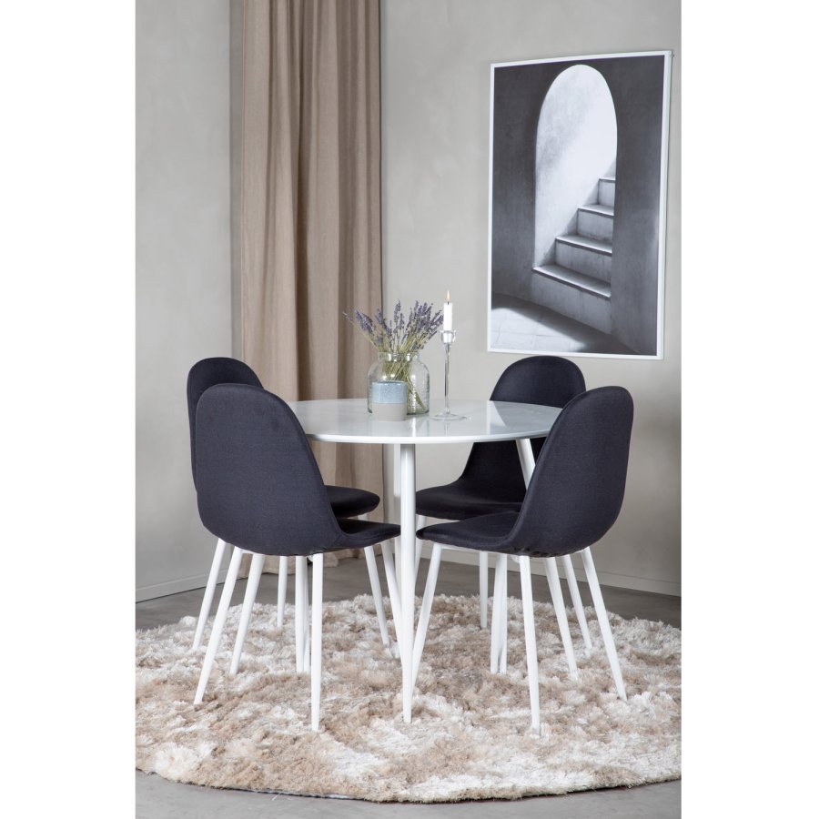 VENTURE DESIGN Plaza spisebordsst, m. 4 stole - hvid MDF/hvid metal og sort stof/hvid metal