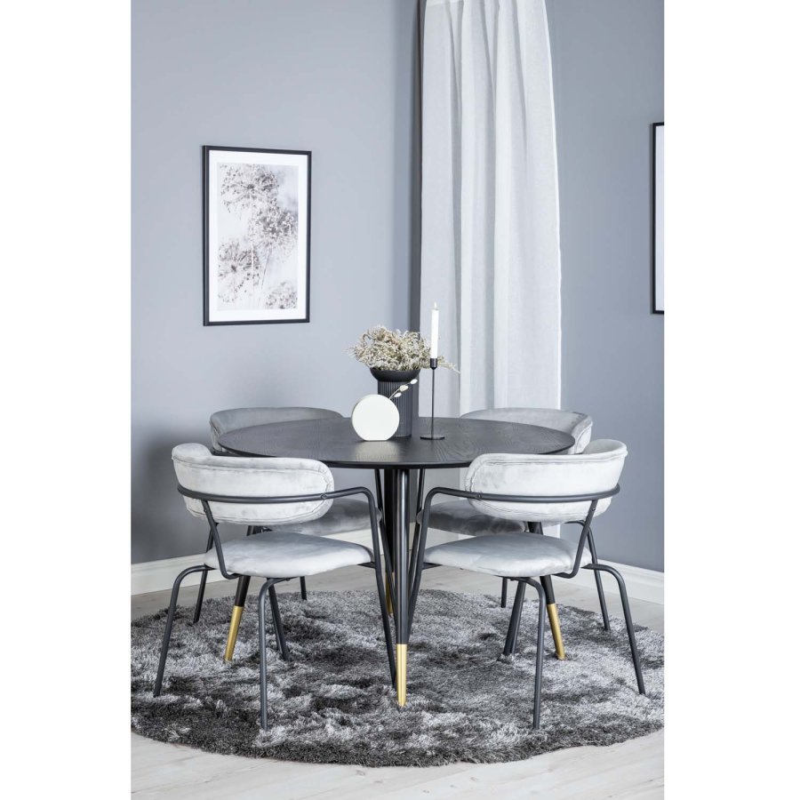 VENTURE DESIGN Dipp spisebordsst, m. 4 stole - sort finer/messing sort metal, gr fljl/sort metal