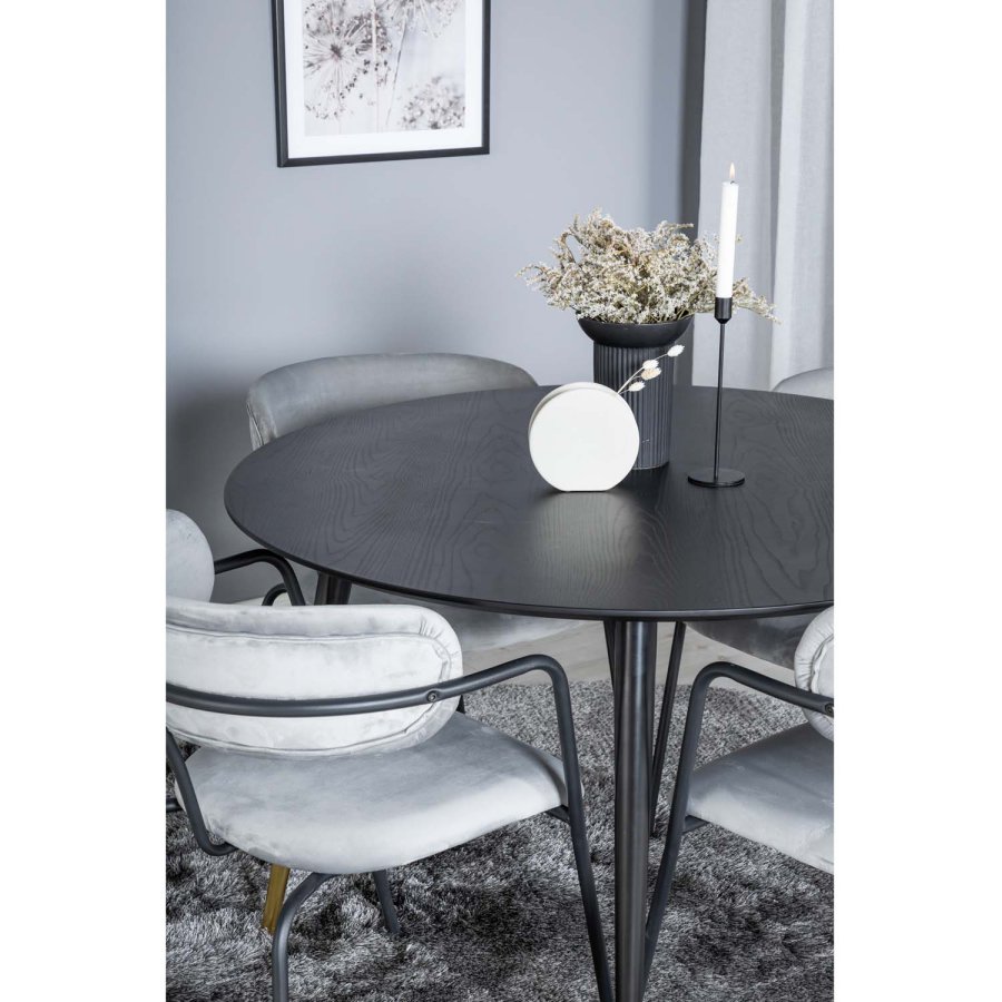 VENTURE DESIGN Dipp spisebordsst, m. 4 stole - sort finer/messing sort metal, gr fljl/sort metal