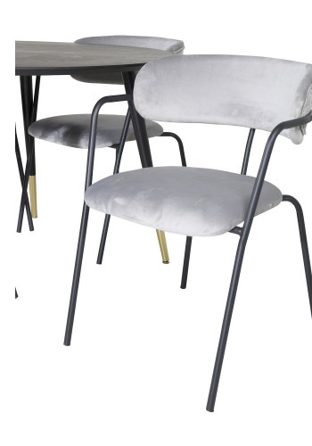 VENTURE DESIGN Dipp spisebordsst, m. 4 stole - sort finer/messing sort metal, gr fljl/sort metal