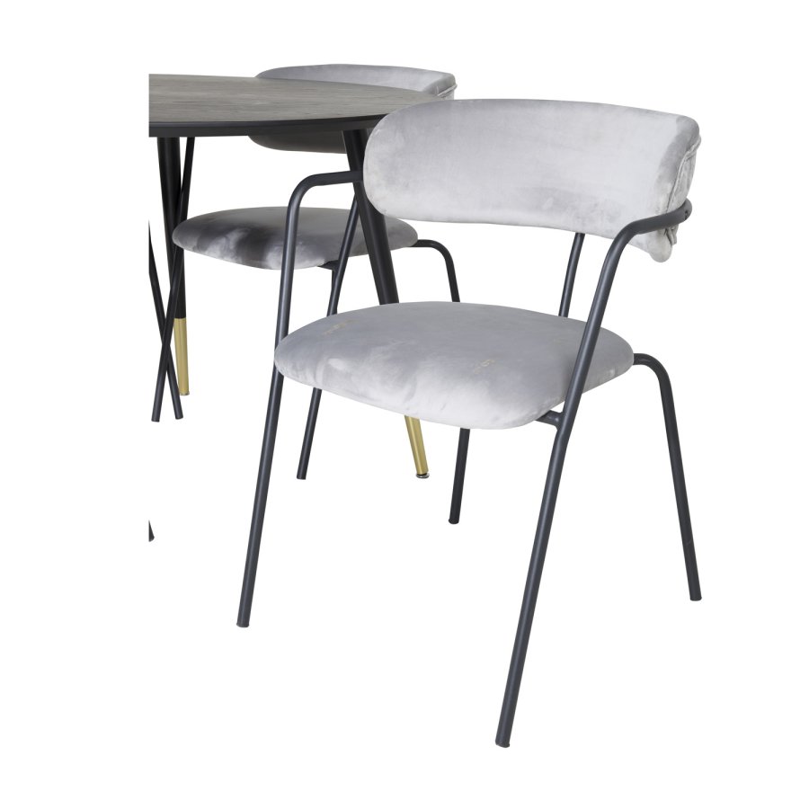 VENTURE DESIGN Dipp spisebordsst, m. 4 stole - sort finer/messing sort metal, gr fljl/sort metal