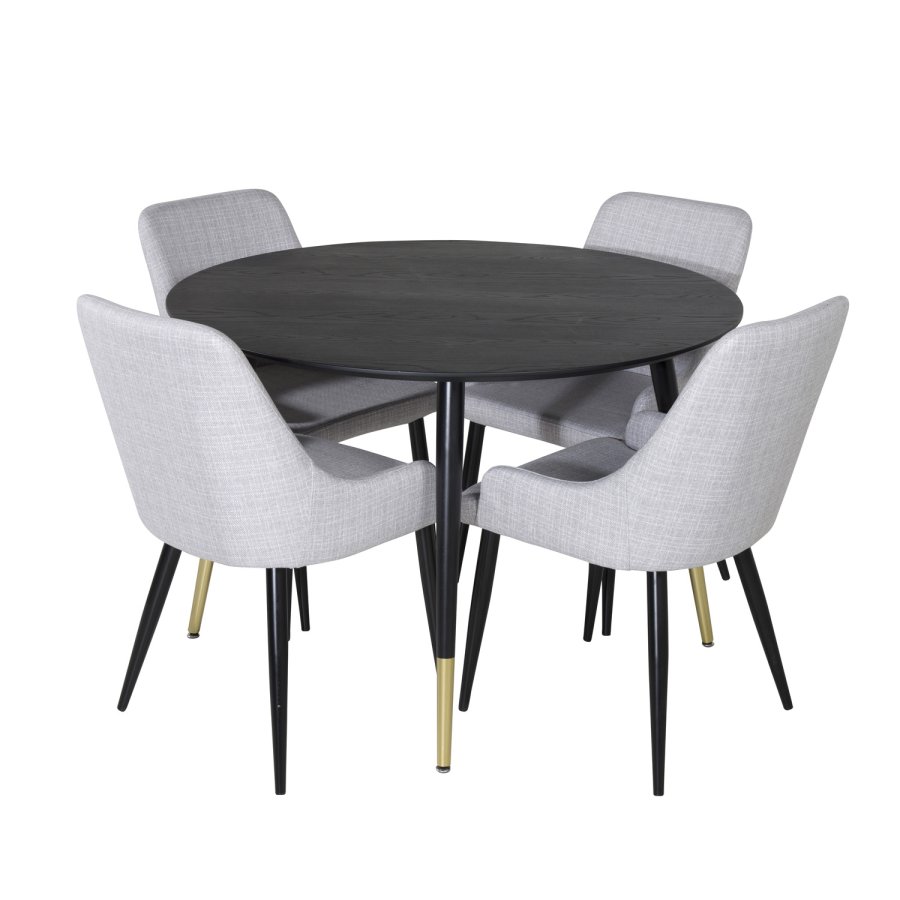 VENTURE DESIGN Dipp spisebordsst, m. 4 stole - sort finer/messing sort metal, gr stof/sort metal