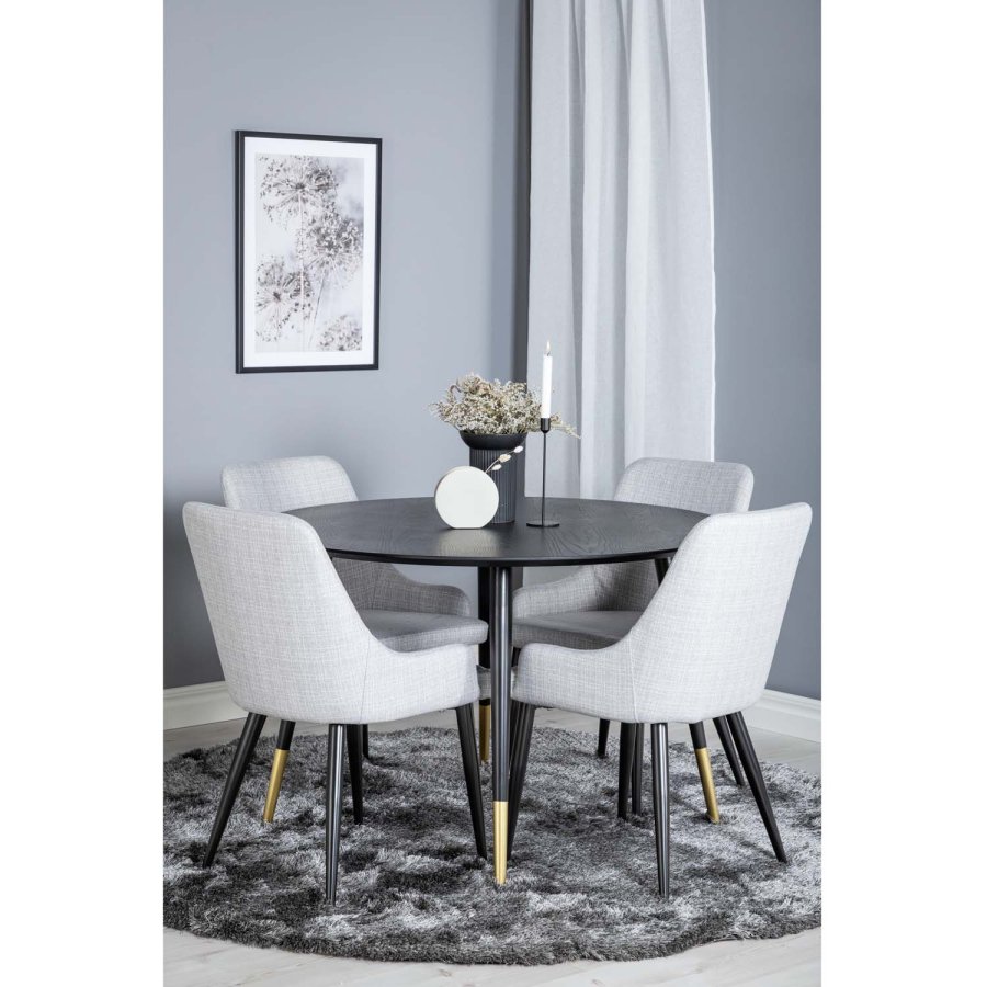 VENTURE DESIGN Dipp spisebordsst, m. 4 stole - sort finer/messing sort metal, gr stof/sort metal