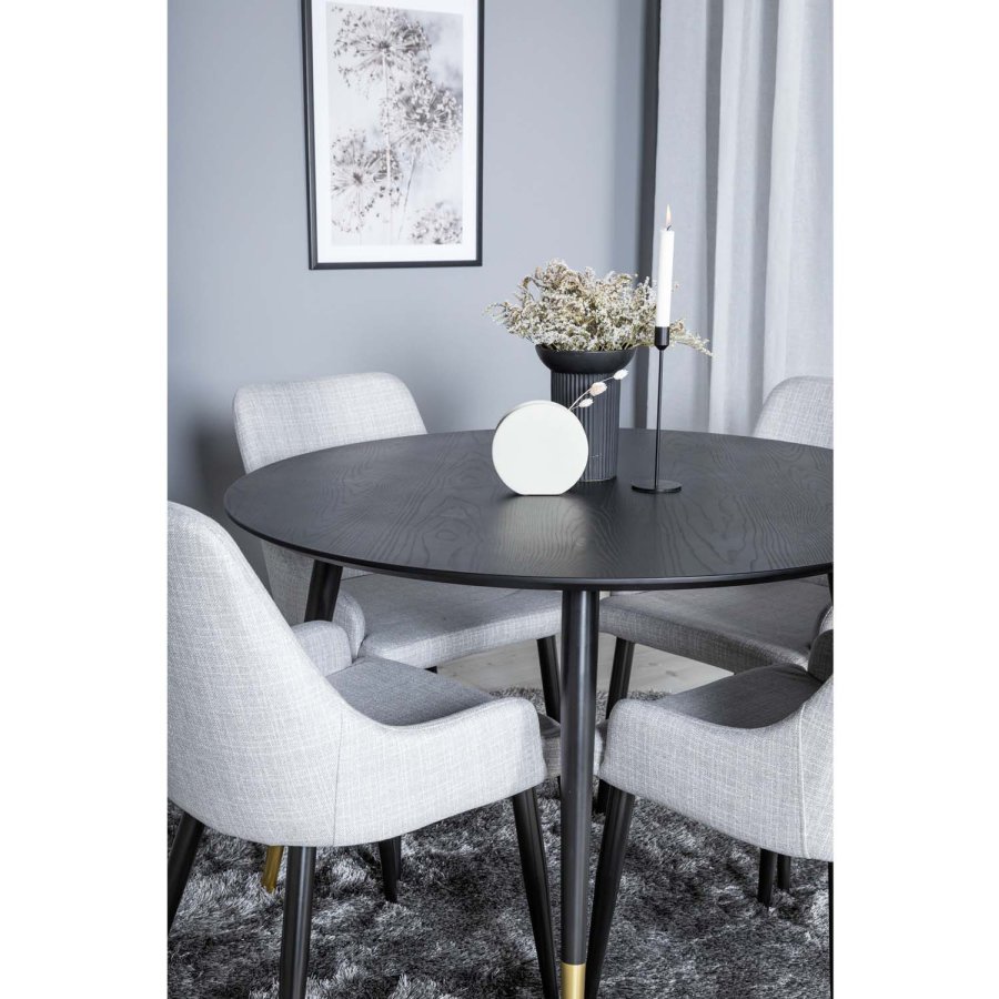 VENTURE DESIGN Dipp spisebordsst, m. 4 stole - sort finer/messing sort metal, gr stof/sort metal